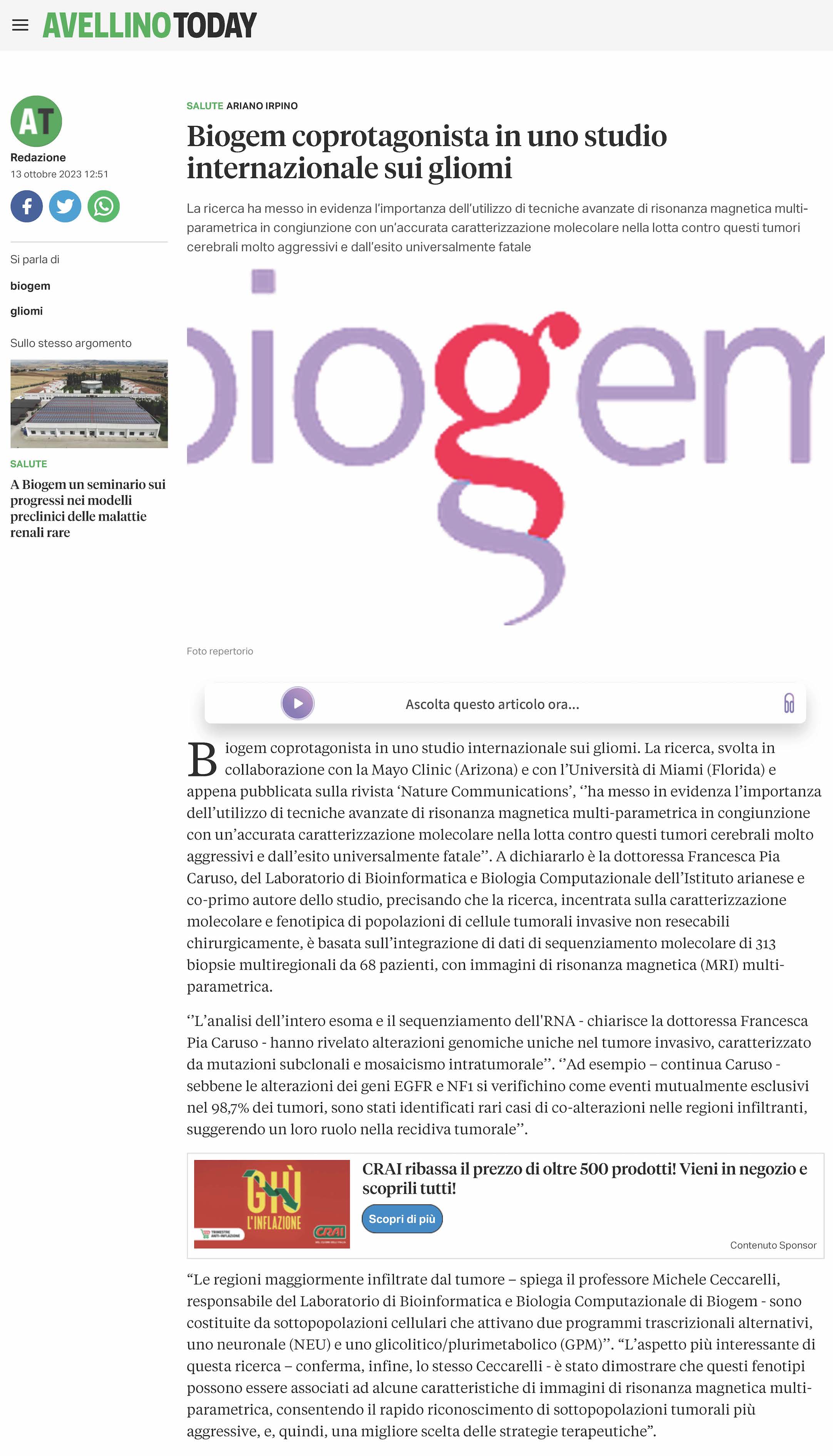Biogem coprotagonista in uno studio internazionale sui gliomi