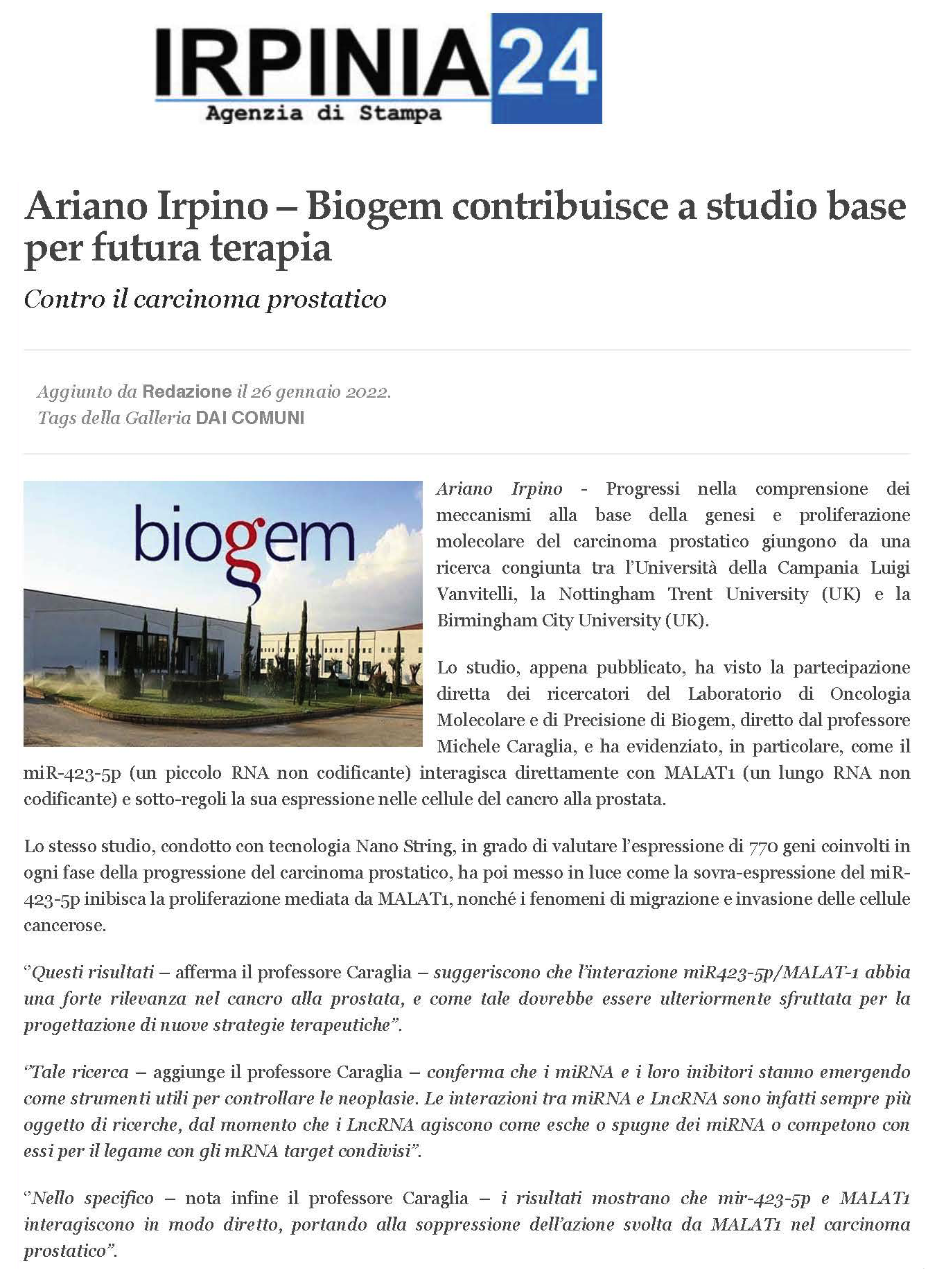 Ariano Irpino Biogem contribuisce a studio base per futura terapia