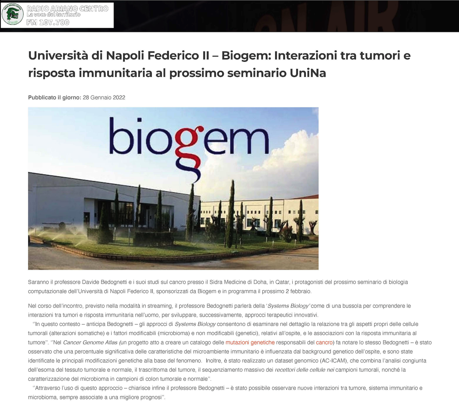 Università di Napoli Federico II – Biogem: Interazioni tra tumori e risposta immunitaria al prossimo seminario UniNa