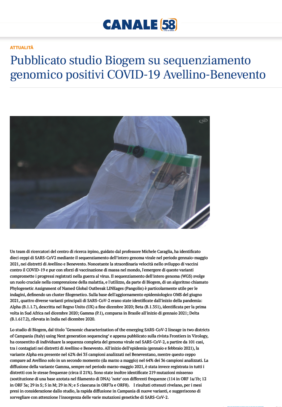 Pubblicato studio Biogem su sequenziamento genomico positivi COVID-19 Avellino-Benevent