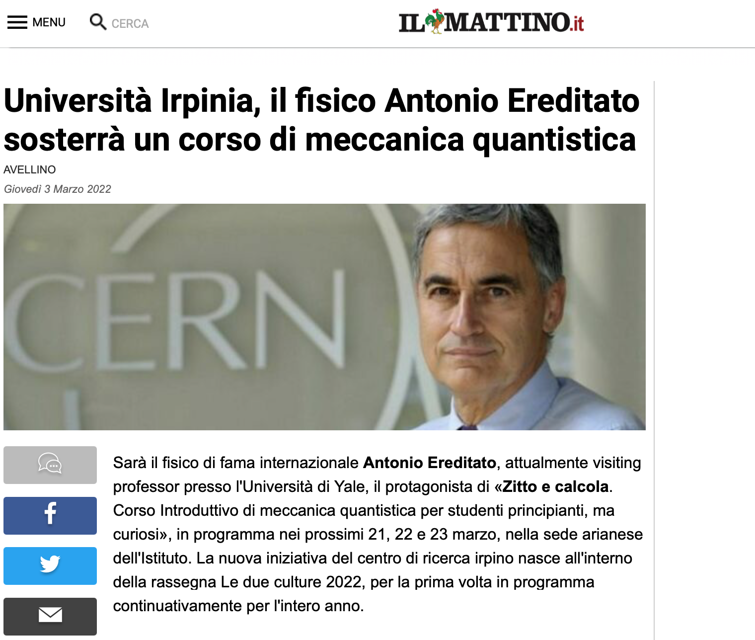 Università Irpinia, il fisico Antonio Ereditato sosterrà un corso di meccanica quantistica