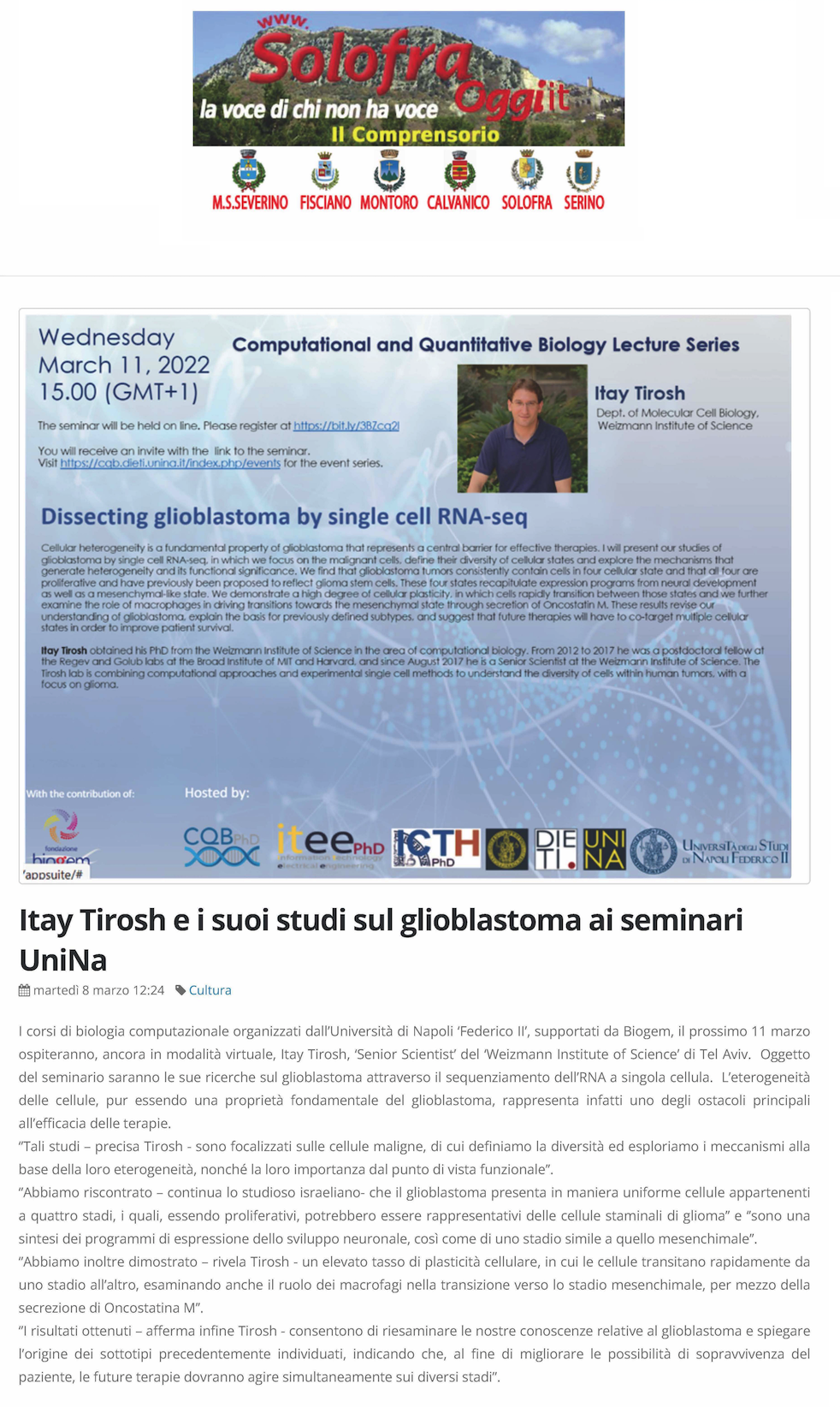 Itay Tirosh e i suoi studi sul glioblastoma ai seminari UniNa