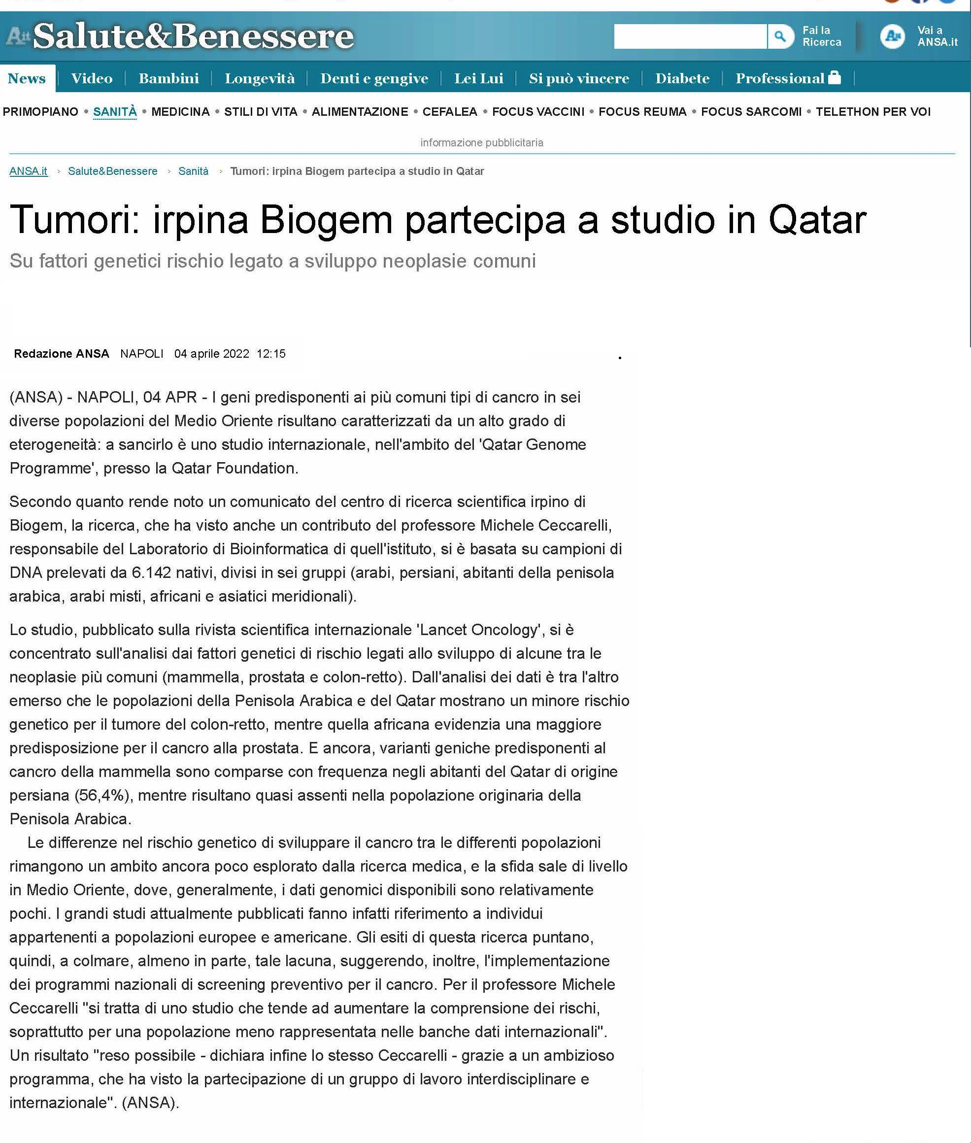 Tumori: irpina Biogem partecipa a studio in Qatar