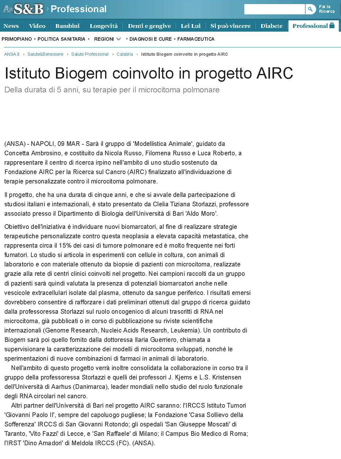 Istituto Biogem coinvolto in progetto AIRC