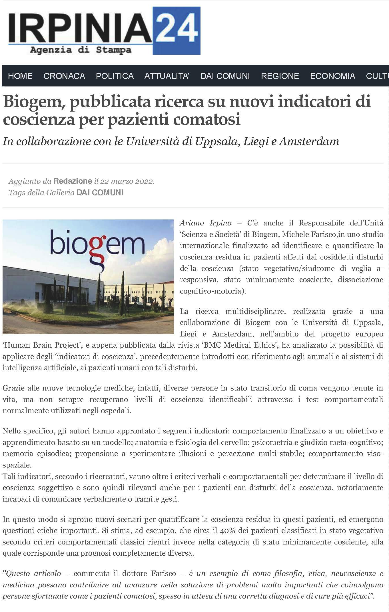 Biogem, pubblicata ricerca su nuovi indicatori di coscienza per pazienti comatosi